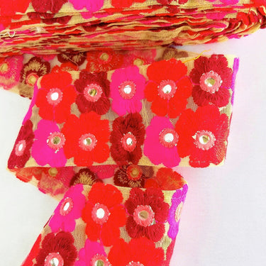 Beige Net Lace Trim In Maroon, Red, Fuchsia Pink And Pink Floral Embroidery And Mirror Embellishments